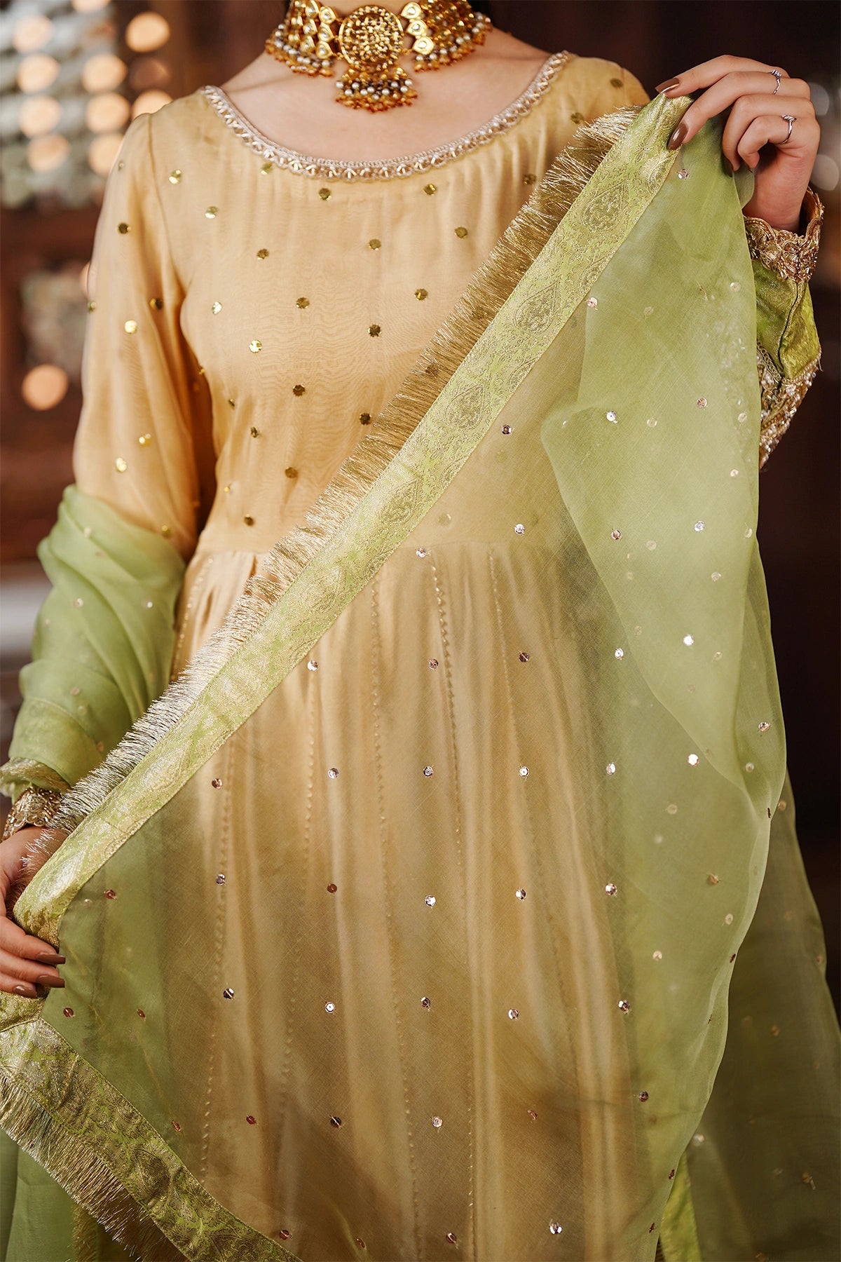 Dilara light gold sheesha silk Anarkali dress with pistachio organza dupatta and jamawar border by MariamRaj