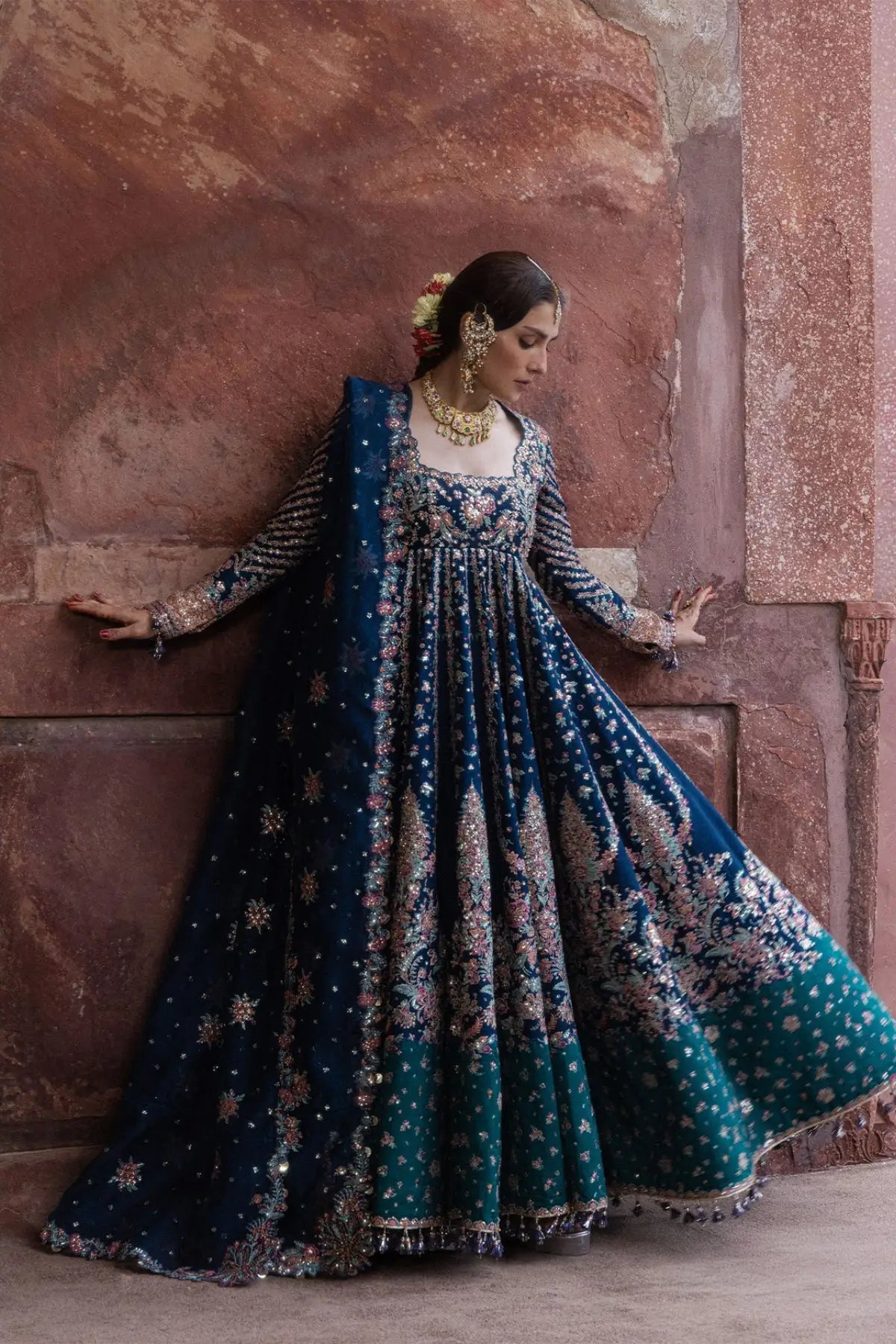 Dill Afroz Hussain Rehar teal blue embroidered raw silk stitched Peshwas with peach churidar and organza dupatta