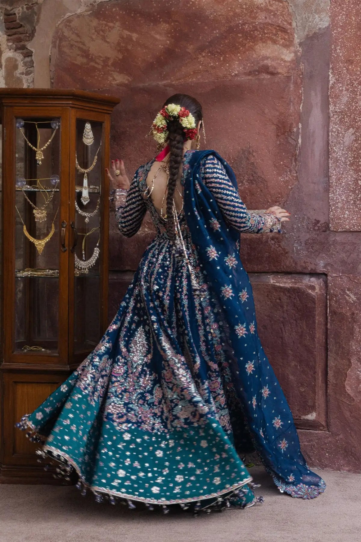 Dill Afroz Hussain Rehar teal blue embroidered raw silk stitched Peshwas with peach churidar and organza dupatta