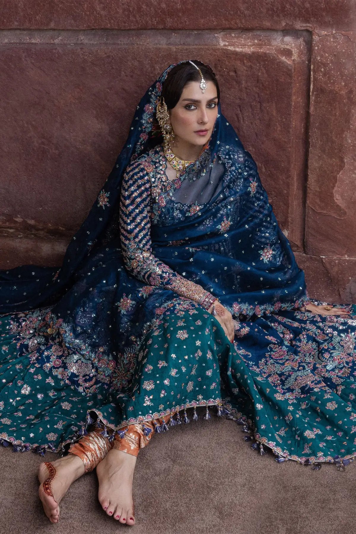 Dill Afroz Hussain Rehar teal blue embroidered raw silk stitched Peshwas with peach churidar and organza dupatta