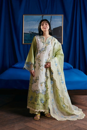 Dimple Maryam Hussain Pistachio Green Lawn Embroidered 3PC Suit with Cotton Net Dupatta