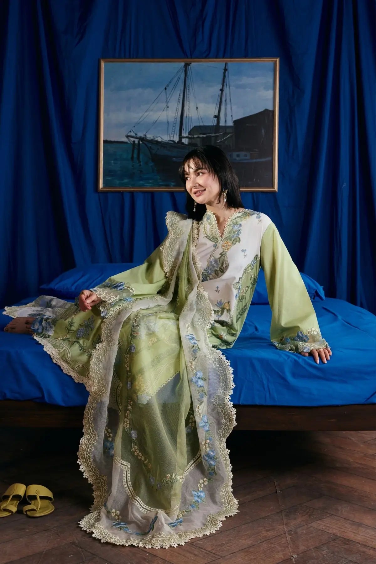 Dimple Maryam Hussain Pistachio Green Lawn Embroidered 3PC Suit with Cotton Net Dupatta
