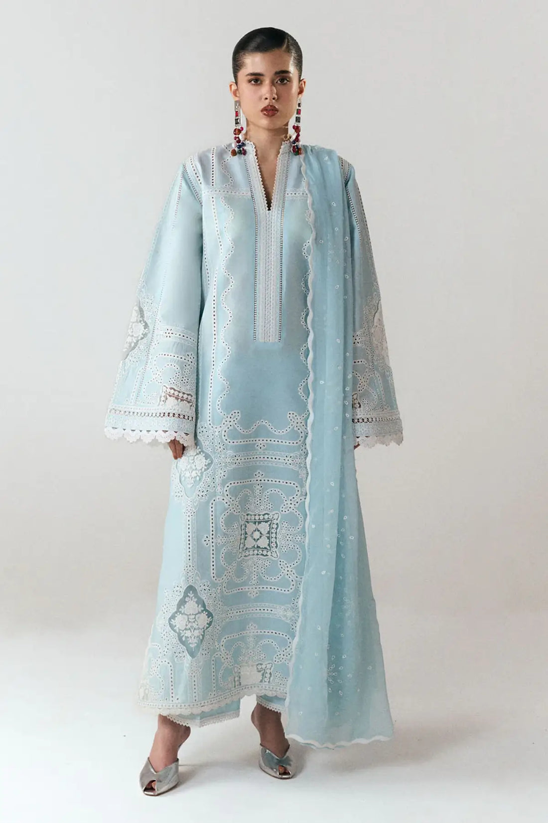 Dira aqua blue Jugnu Lahore SS26 stitched 3PC suit with chiffon dupatta