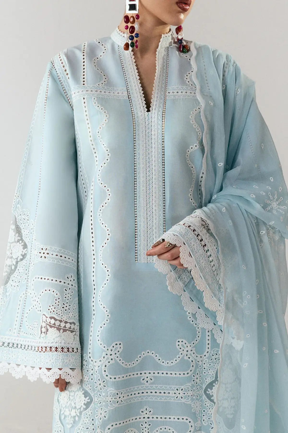 Dira aqua blue Jugnu Lahore SS26 stitched 3PC suit with chiffon dupatta