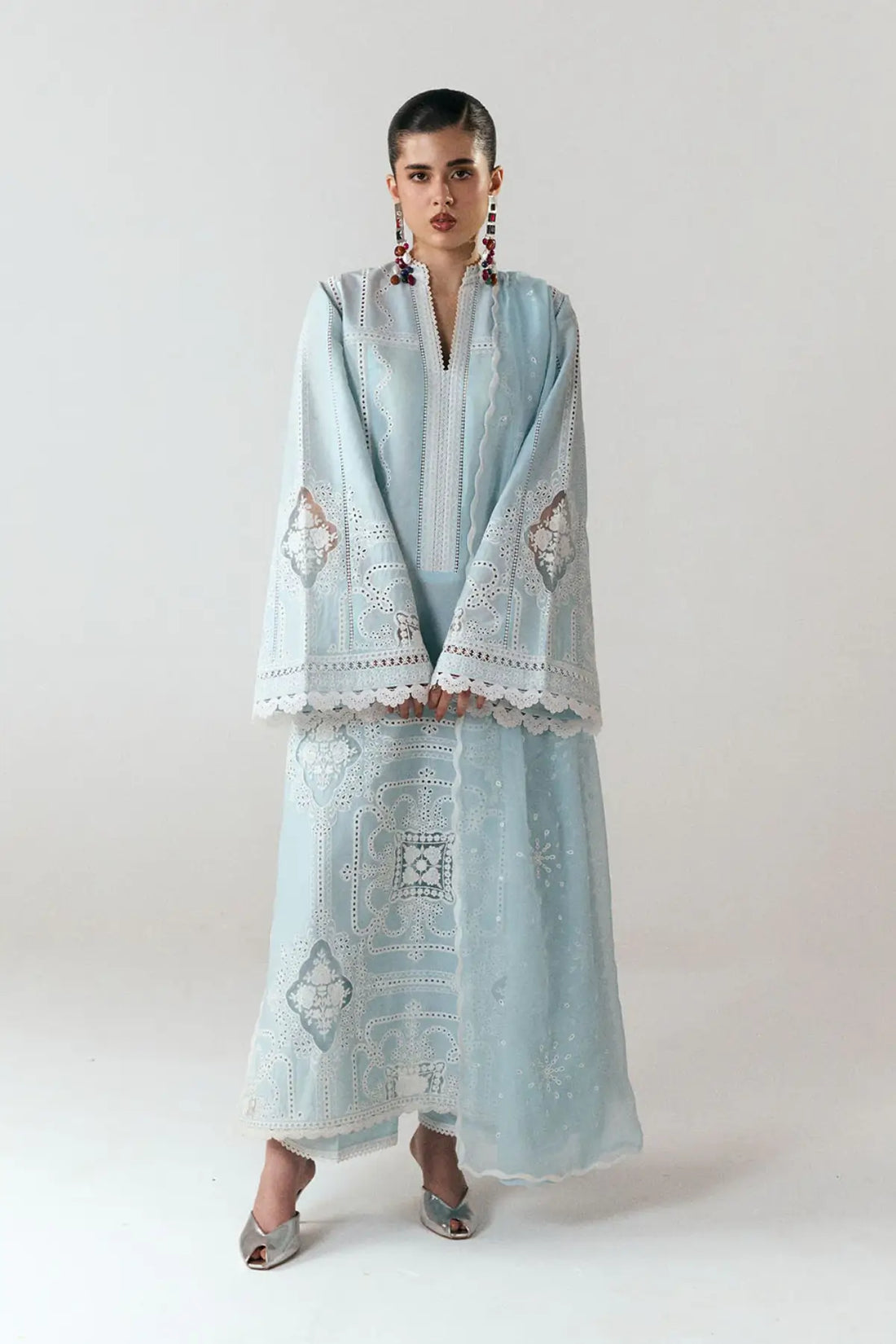Dira aqua blue Jugnu Lahore SS26 stitched 3PC suit with chiffon dupatta