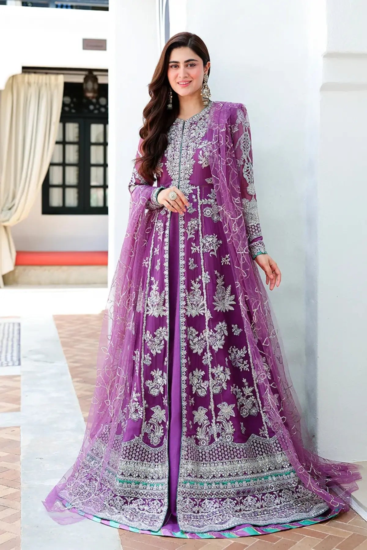 Dream Girl mauve purple hand embellished chiffon wedding stitched suit with sequinned net dupatta and raw silk trouser