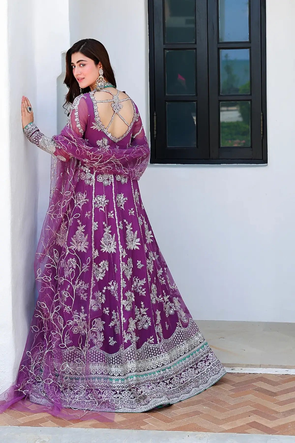 Dream Girl mauve purple hand embellished chiffon wedding stitched suit with sequinned net dupatta and raw silk trouser