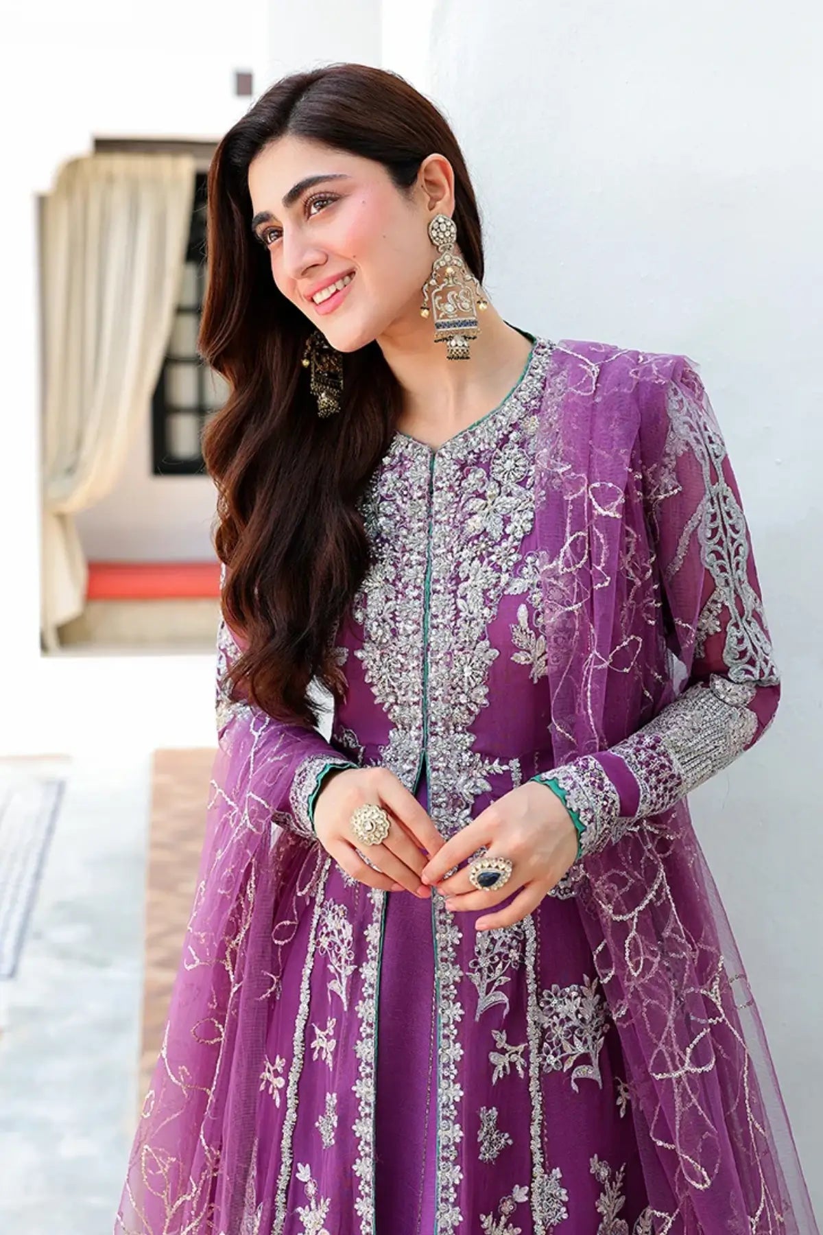 Dream Girl mauve purple hand embellished chiffon wedding stitched suit with sequinned net dupatta and raw silk trouser