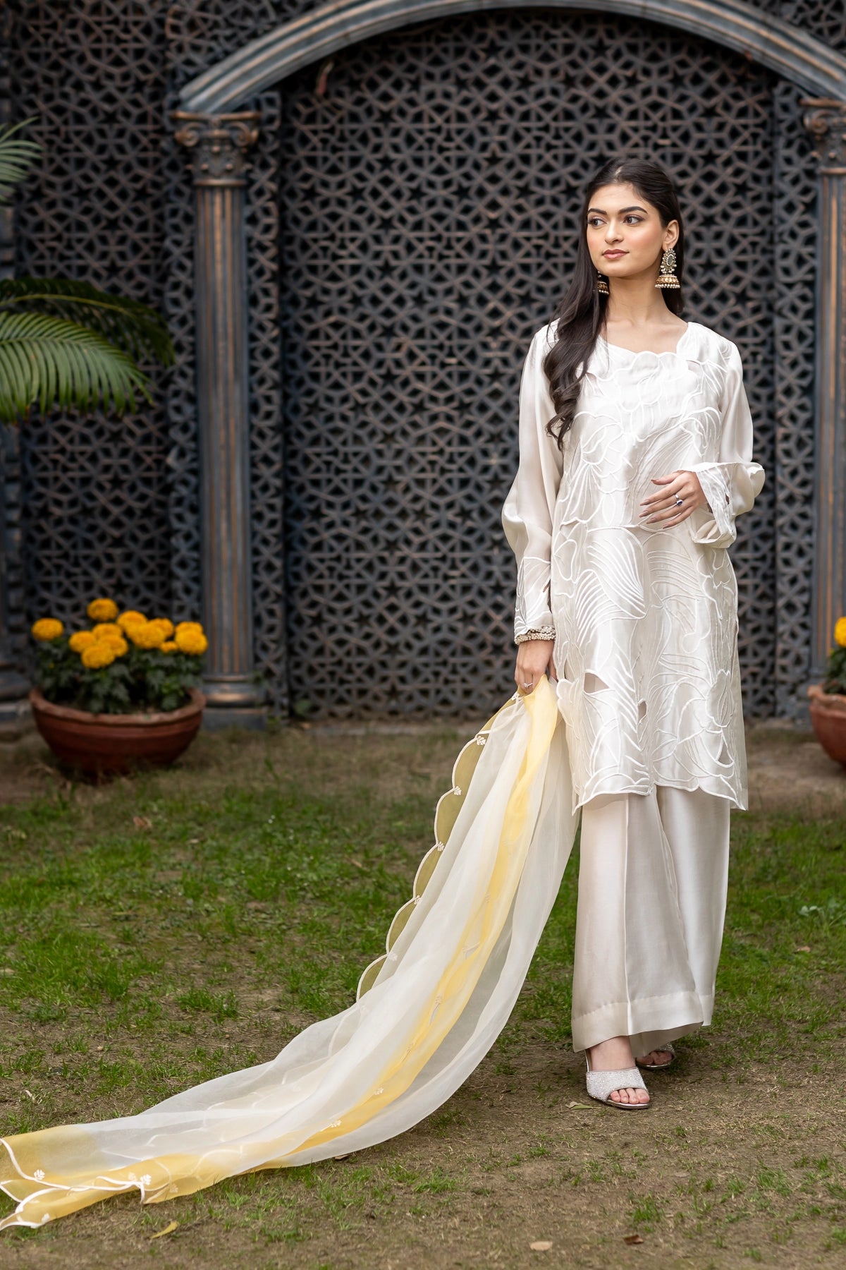 Dua pearl white sheesha silk 3PC Eid Edit 2026 with organza dupatta by MariamRaj