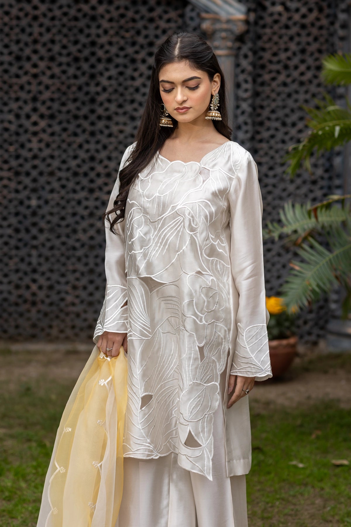 Dua pearl white sheesha silk 3PC Eid Edit 2026 with organza dupatta by MariamRaj