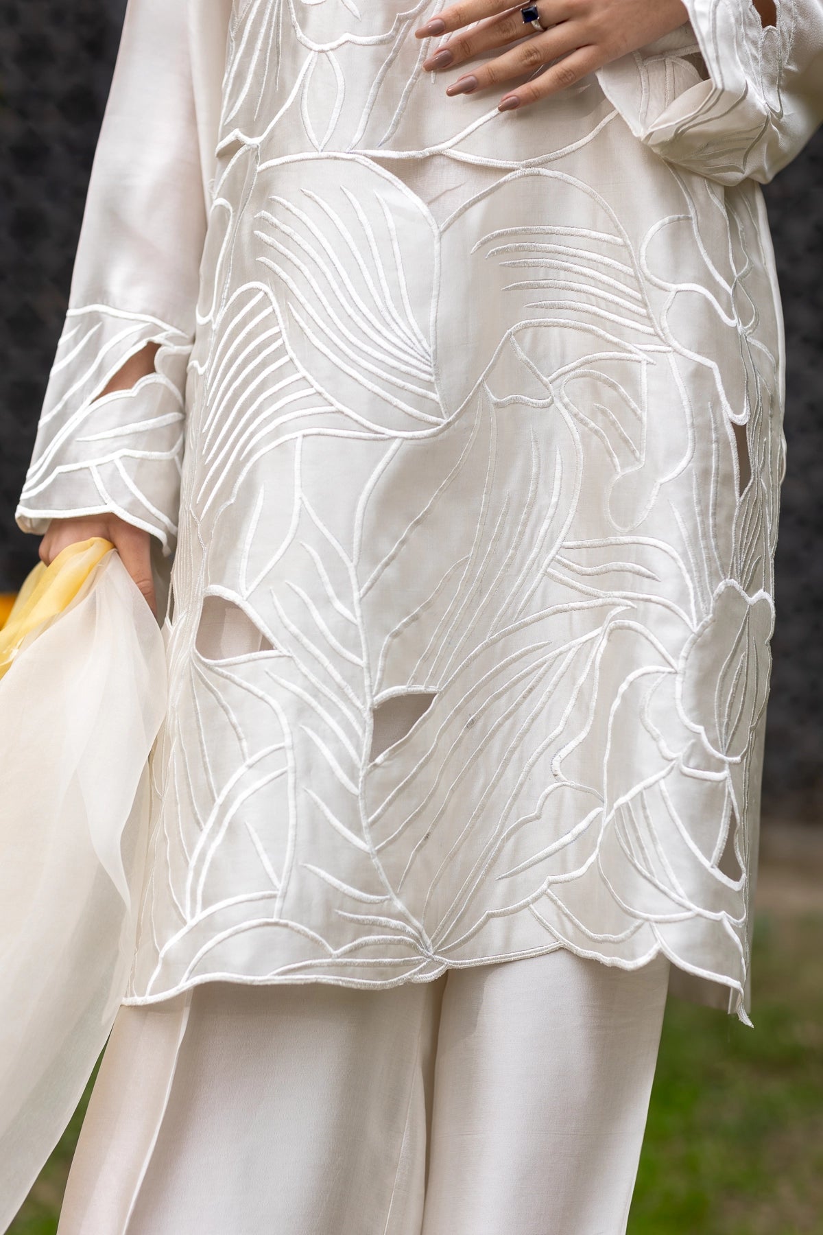 Dua pearl white sheesha silk 3PC Eid Edit 2026 with organza dupatta by MariamRaj