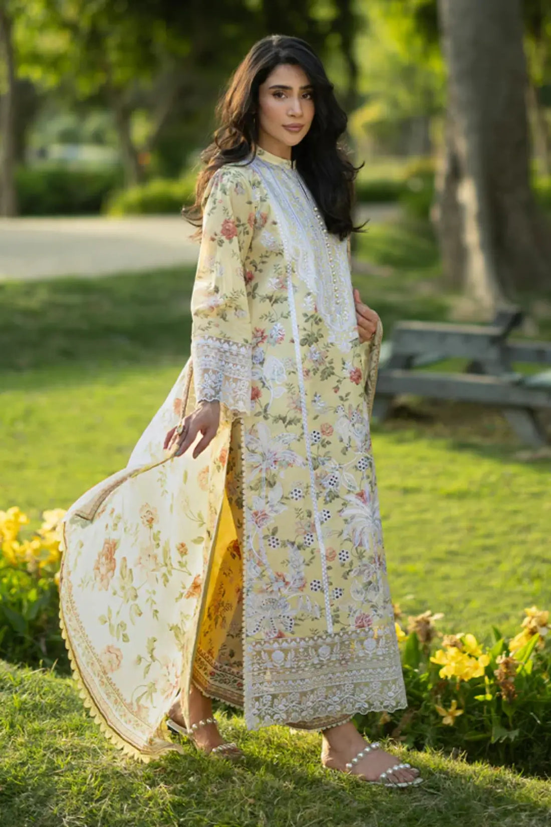 Dune 12 lemon yellow stitched lawn 3PC suit with silk dupatta by Zainab Chottani Pakistanimoda
