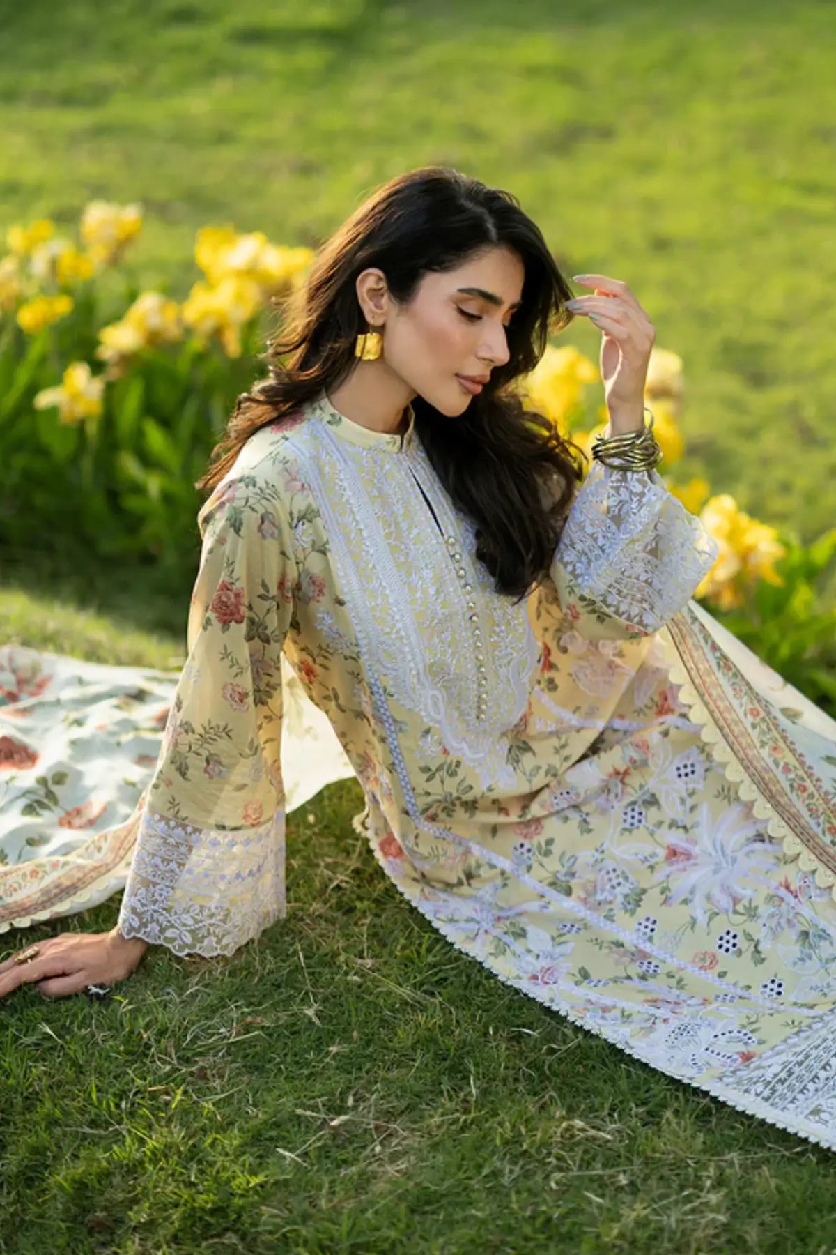 Dune 12 lemon yellow stitched lawn 3PC suit with silk dupatta by Zainab Chottani Pakistanimoda