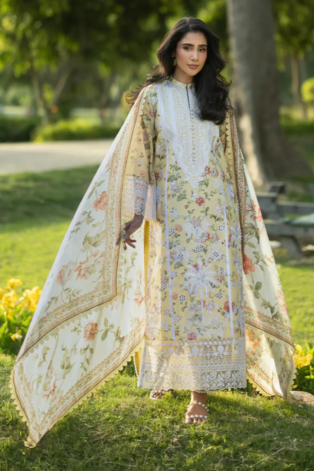 Dune 12 lemon yellow stitched lawn 3PC suit with silk dupatta by Zainab Chottani Pakistanimoda