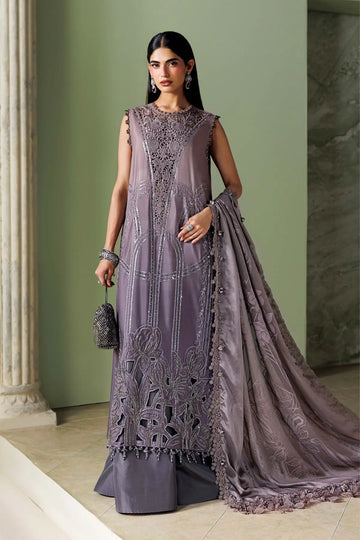 Dusty Mauve coffee and grey embroidered Bell raw silk stitched suit with ombre detailing and burnout silk dupatta by Maria.B