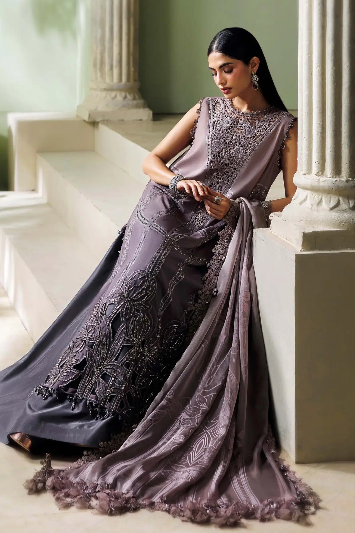 Dusty Mauve coffee and grey embroidered Bell raw silk stitched suit with ombre detailing and burnout silk dupatta by Maria.B