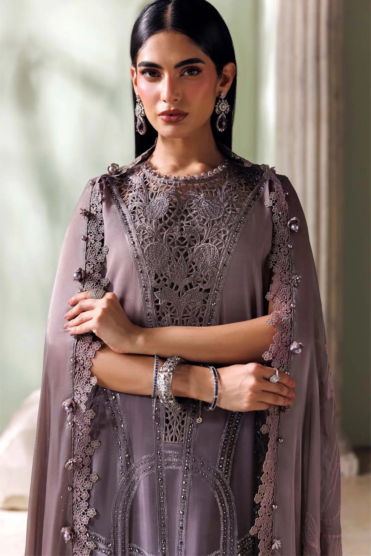 Dusty Mauve coffee and grey embroidered Bell raw silk stitched suit with ombre detailing and burnout silk dupatta by Maria.B