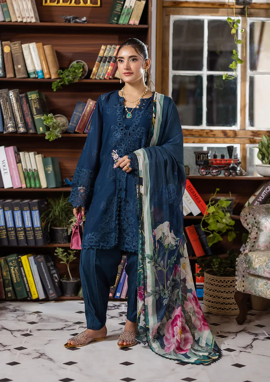 Serenaire Blue Stitched Lawn Outfit with Chiffon Dupatta – Pakistanimoda