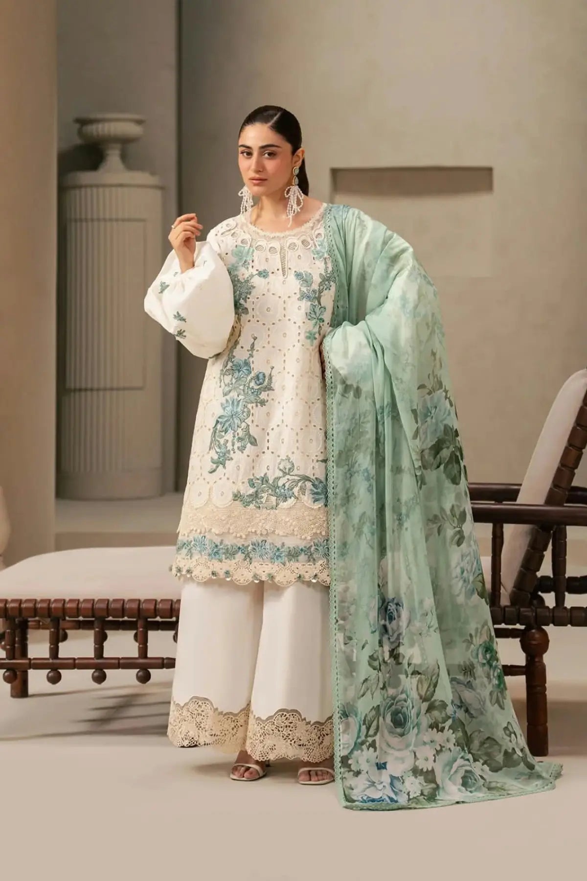 EHC-1A Vanilla Elaf stitched Chikankari lawn 3PC suit with organza motif work, cambric trouser and printed chiffon dupatta