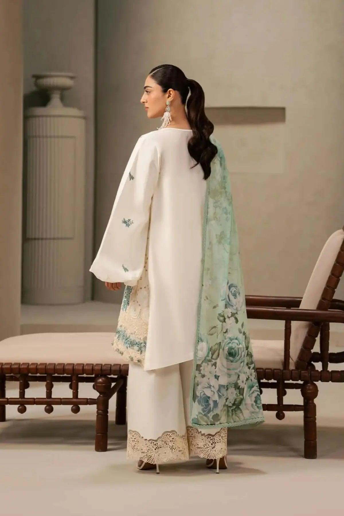 EHC-1A Vanilla Elaf stitched Chikankari lawn 3PC suit with organza motif work, cambric trouser and printed chiffon dupatta