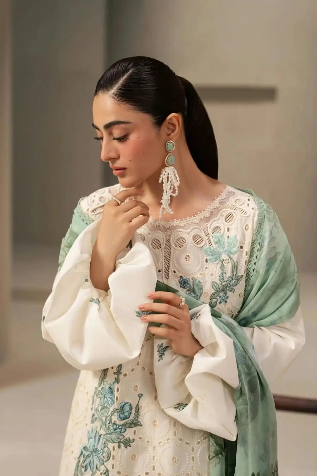 EHC-1A Vanilla Elaf stitched Chikankari lawn 3PC suit with organza motif work, cambric trouser and printed chiffon dupatta