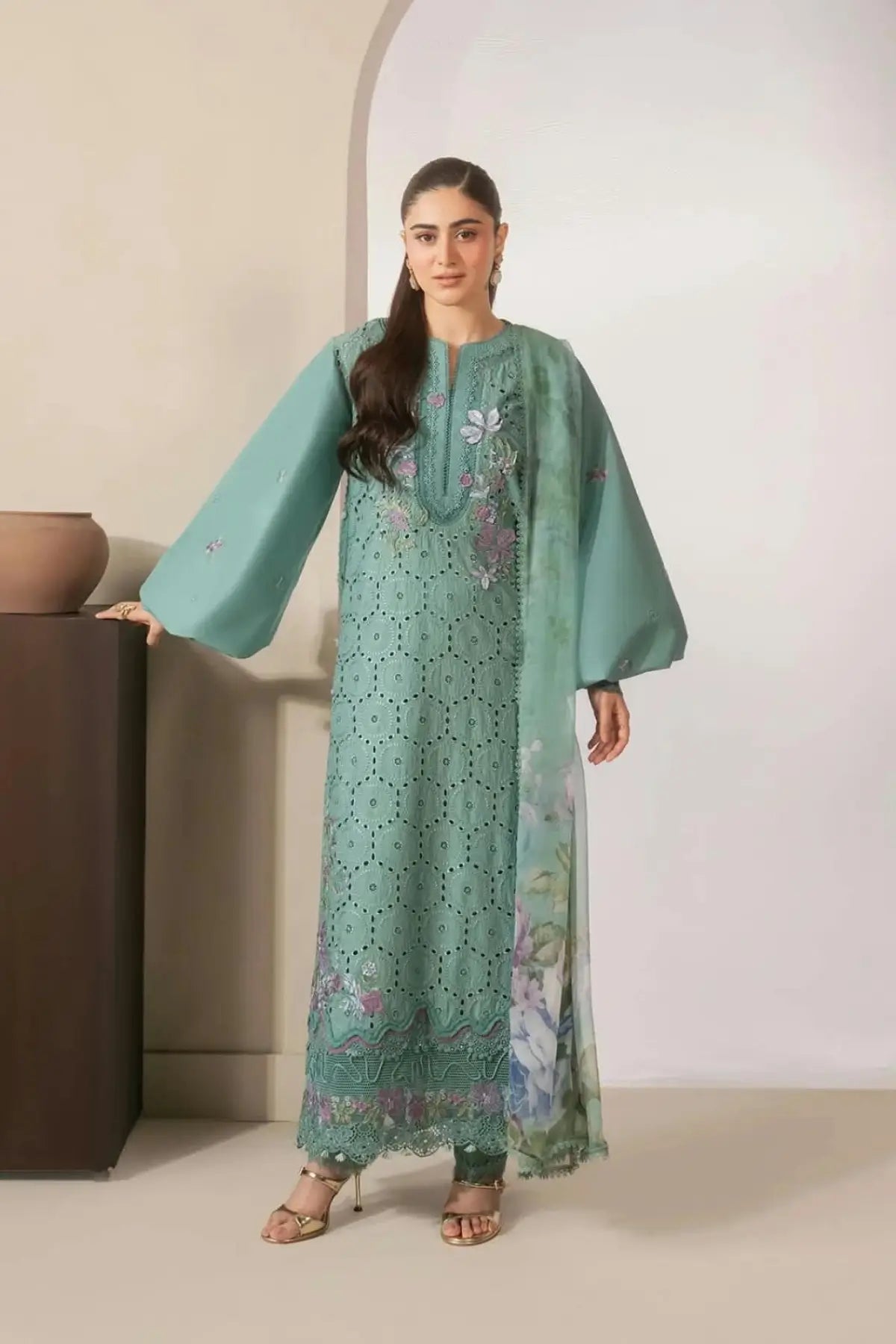 EHC-1B Willow Elaf stitched Chikankari lawn 3PC suit with embroidered shirt, cambric trouser and floral chiffon dupatta