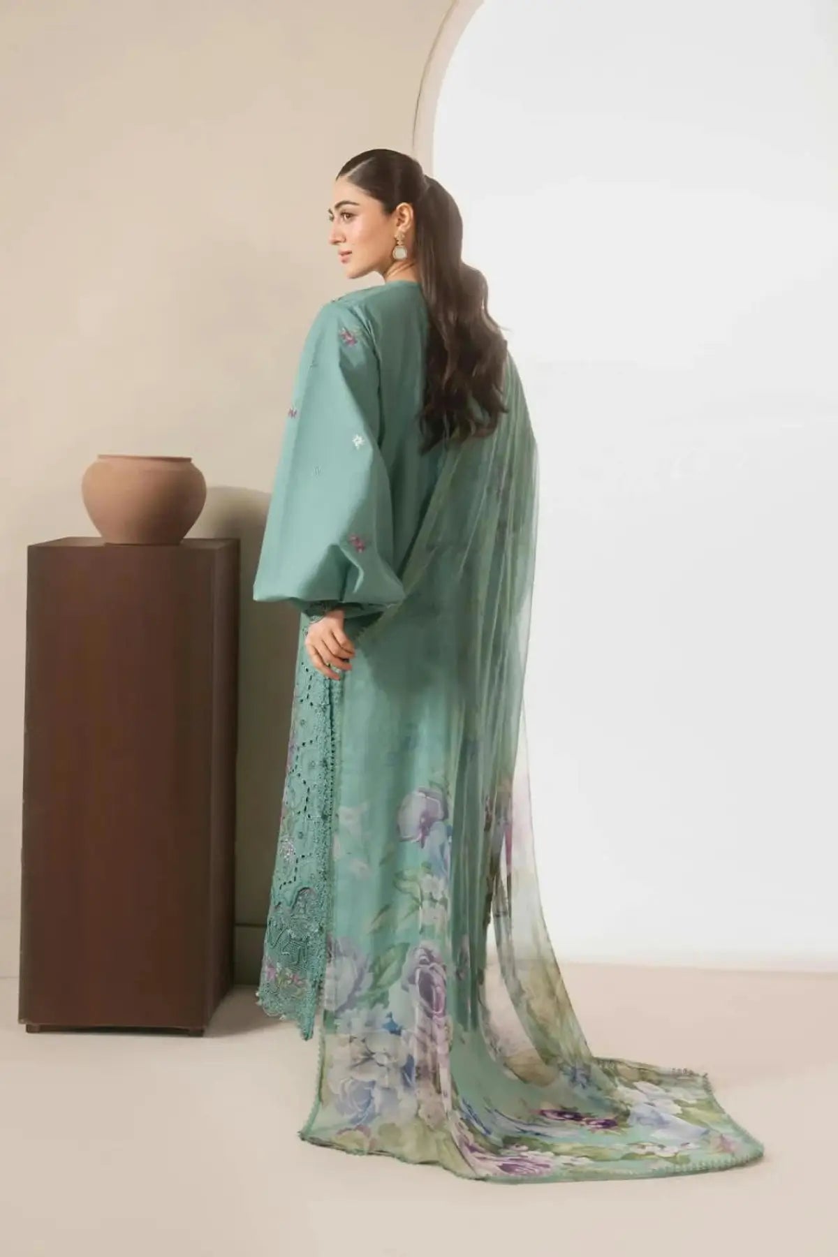 EHC-1B Willow Elaf stitched Chikankari lawn 3PC suit with embroidered shirt, cambric trouser and floral chiffon dupatta