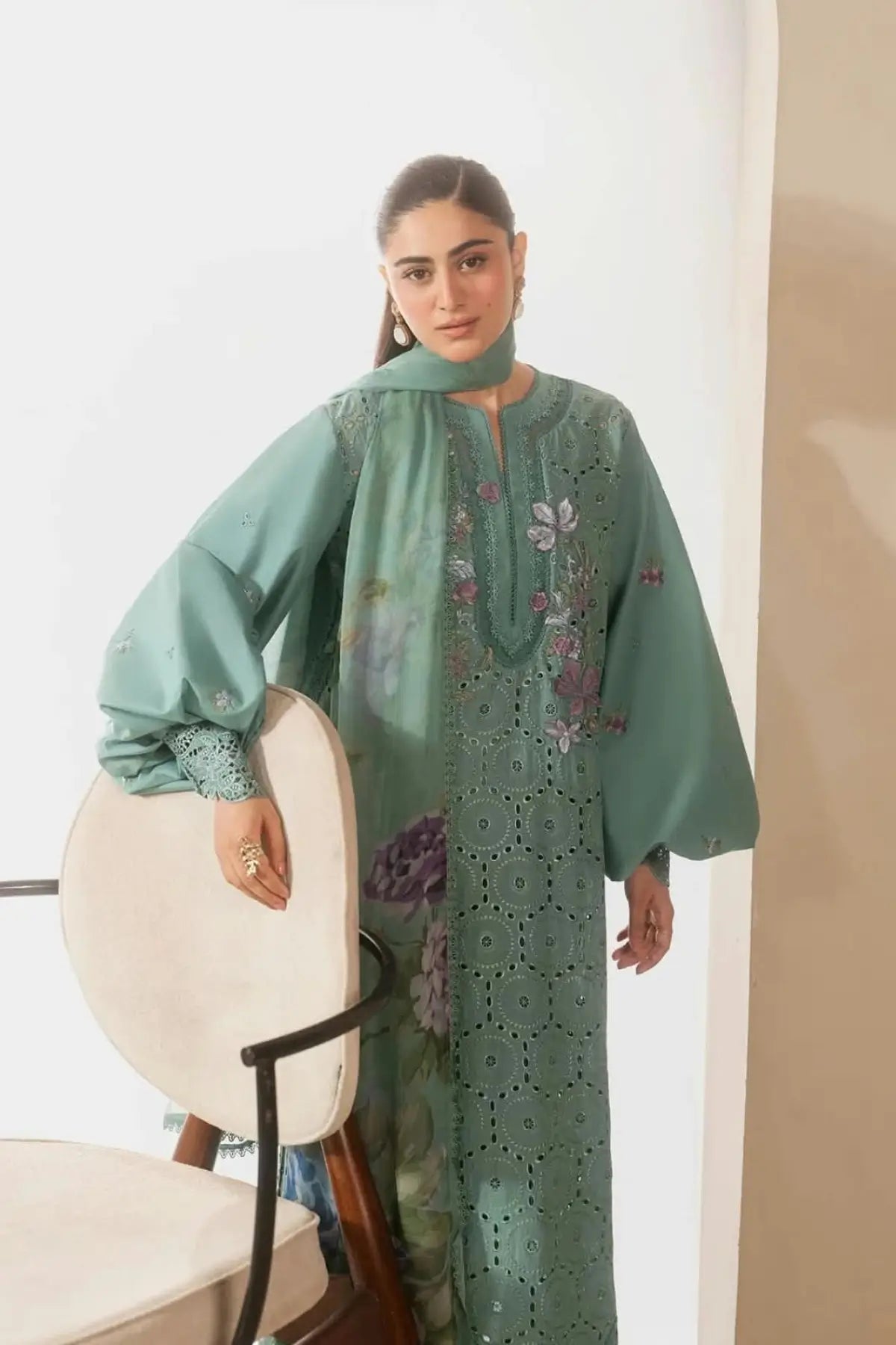 EHC-1B Willow Elaf stitched Chikankari lawn 3PC suit with embroidered shirt, cambric trouser and floral chiffon dupatta