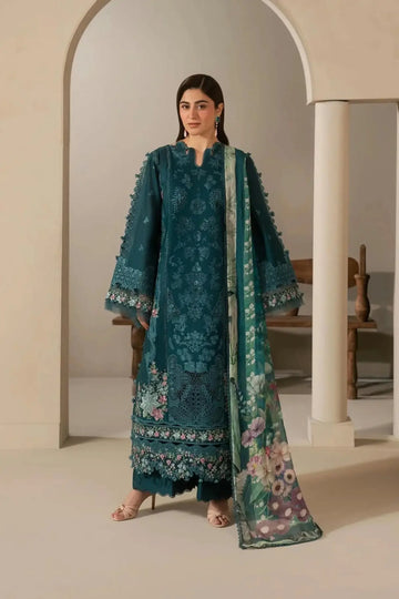 EHC-2A Moss Elaf stitched Pakistani lawn 3PC suit with laser-work embroidered panels, cambric trouser and chiffon dupatta
