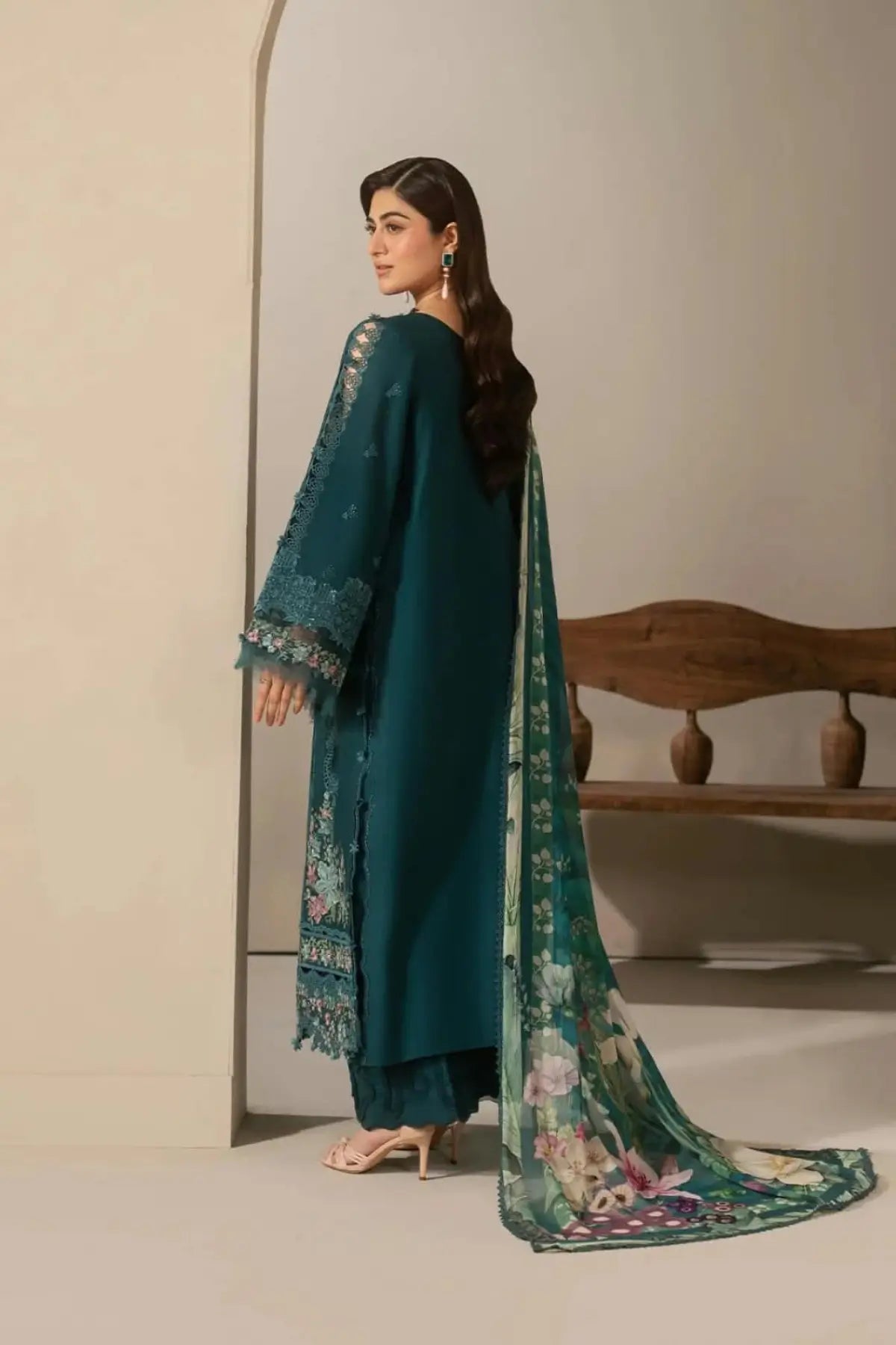 EHC-2A Moss Elaf stitched Pakistani lawn 3PC suit with laser-work embroidered panels, cambric trouser and chiffon dupatta