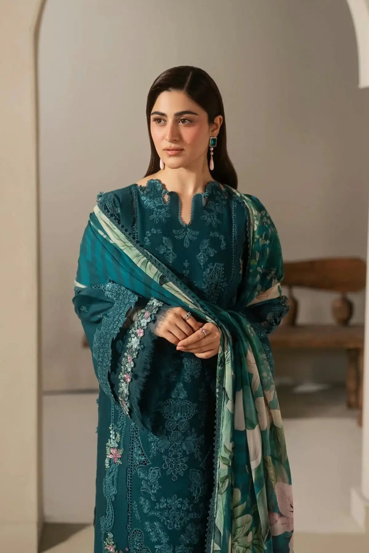 EHC-2A Moss Elaf stitched Pakistani lawn 3PC suit with laser-work embroidered panels, cambric trouser and chiffon dupatta