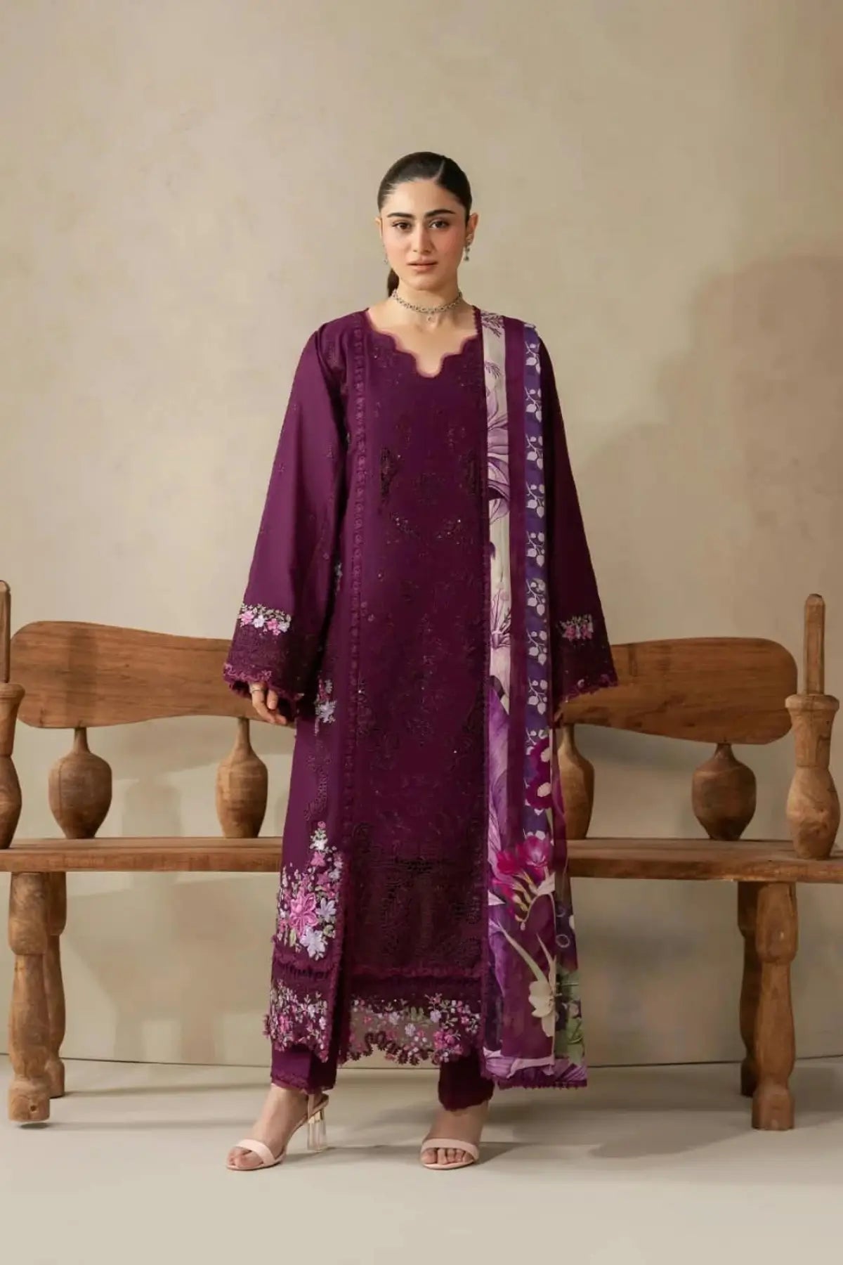 EHC-2B Cassis Elaf stitched lawn 3PC suit with laser-work embroidered shirt, cambric trouser and printed chiffon dupatta