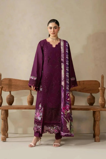 EHC-2B Cassis Elaf stitched lawn 3PC suit with laser-work embroidered shirt, cambric trouser and printed chiffon dupatta