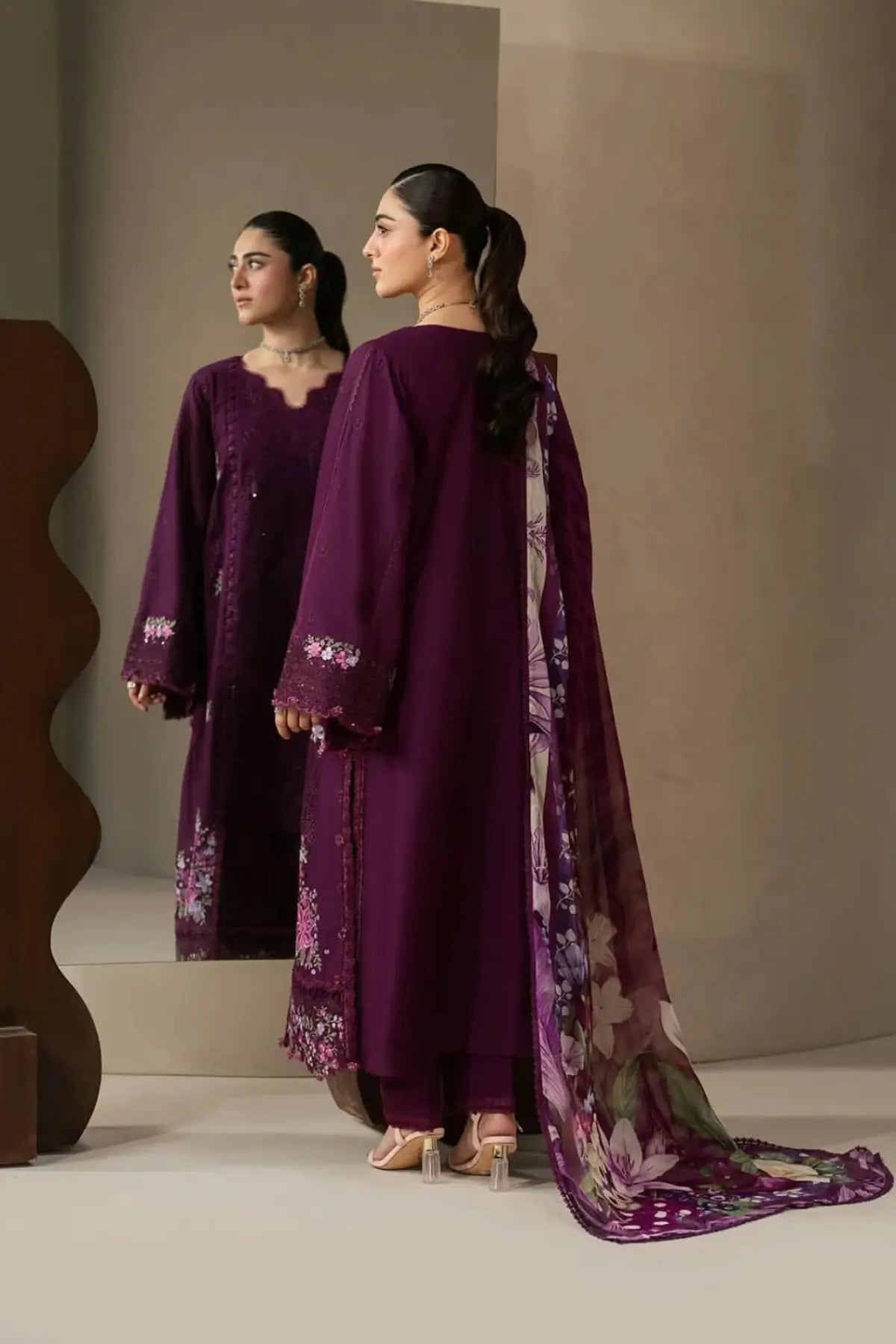 EHC-2B Cassis Elaf stitched lawn 3PC suit with laser-work embroidered shirt, cambric trouser and printed chiffon dupatta