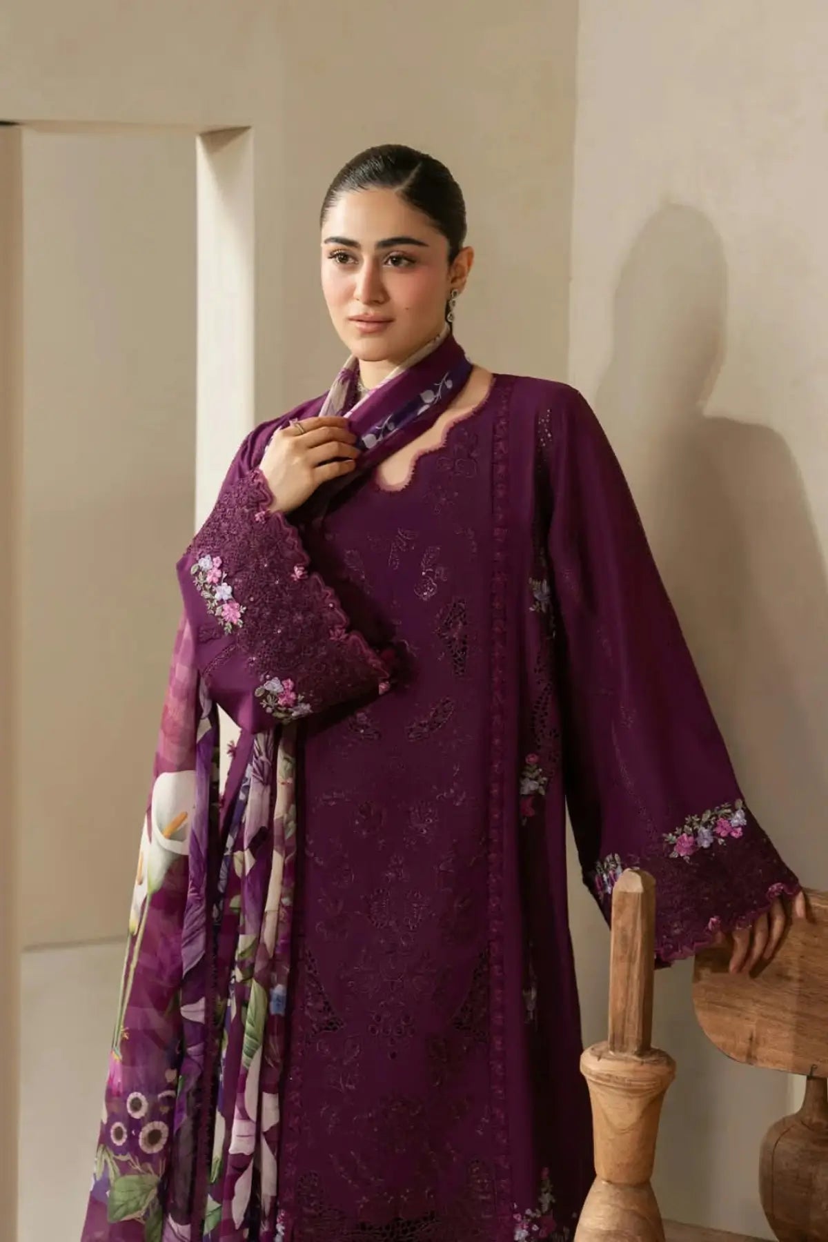 EHC-2B Cassis Elaf stitched lawn 3PC suit with laser-work embroidered shirt, cambric trouser and printed chiffon dupatta