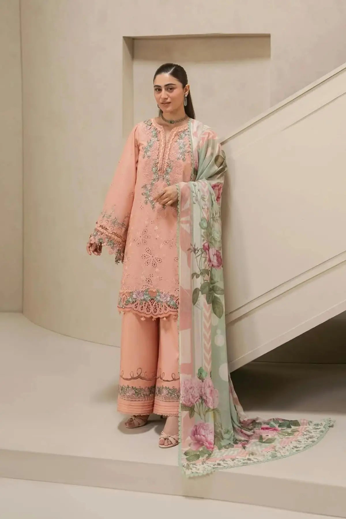 EHC-3B Dust Rose Elaf stitched Chikankari lawn 3PC suit with floral chiffon dupatta and embroidered trousers