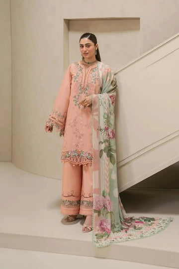 EHC-3B Dust Rose Elaf stitched Chikankari lawn 3PC suit with floral chiffon dupatta and embroidered trousers