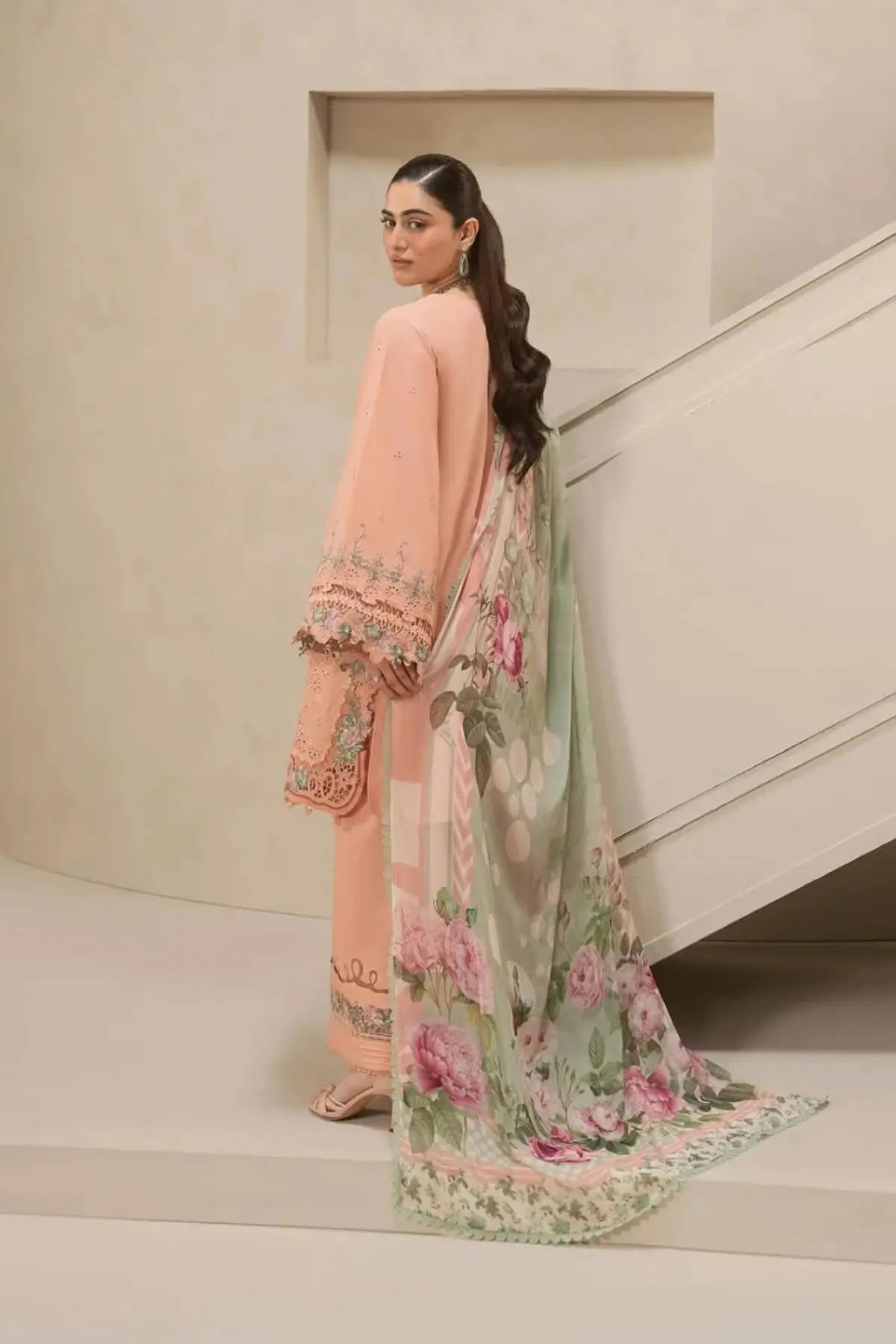 EHC-3B Dust Rose Elaf stitched Chikankari lawn 3PC suit with floral chiffon dupatta and embroidered trousers