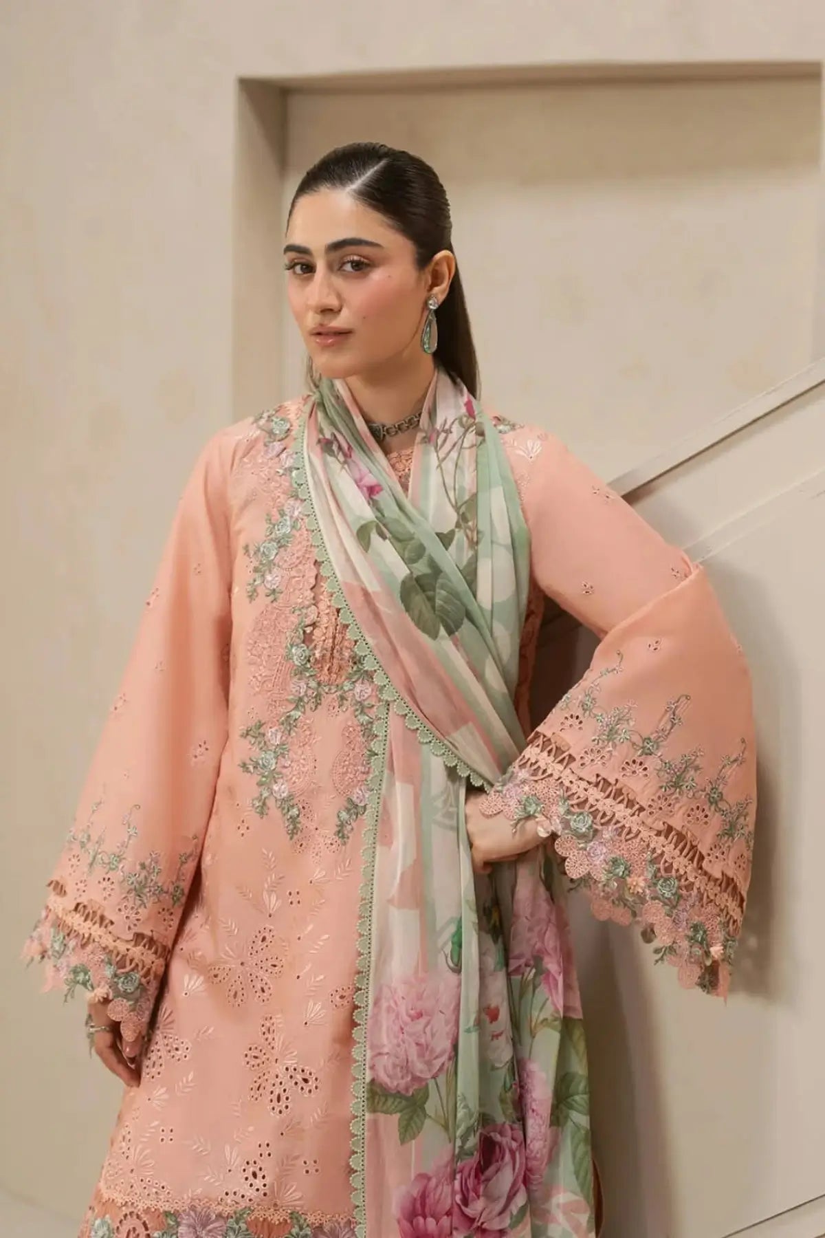 EHC-3B Dust Rose Elaf stitched Chikankari lawn 3PC suit with floral chiffon dupatta and embroidered trousers