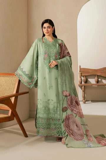 EHC-4B Aloe Elaf stitched Chikankari lawn 3PC suit with embroidered borders, cambric trouser and floral chiffon dupatta