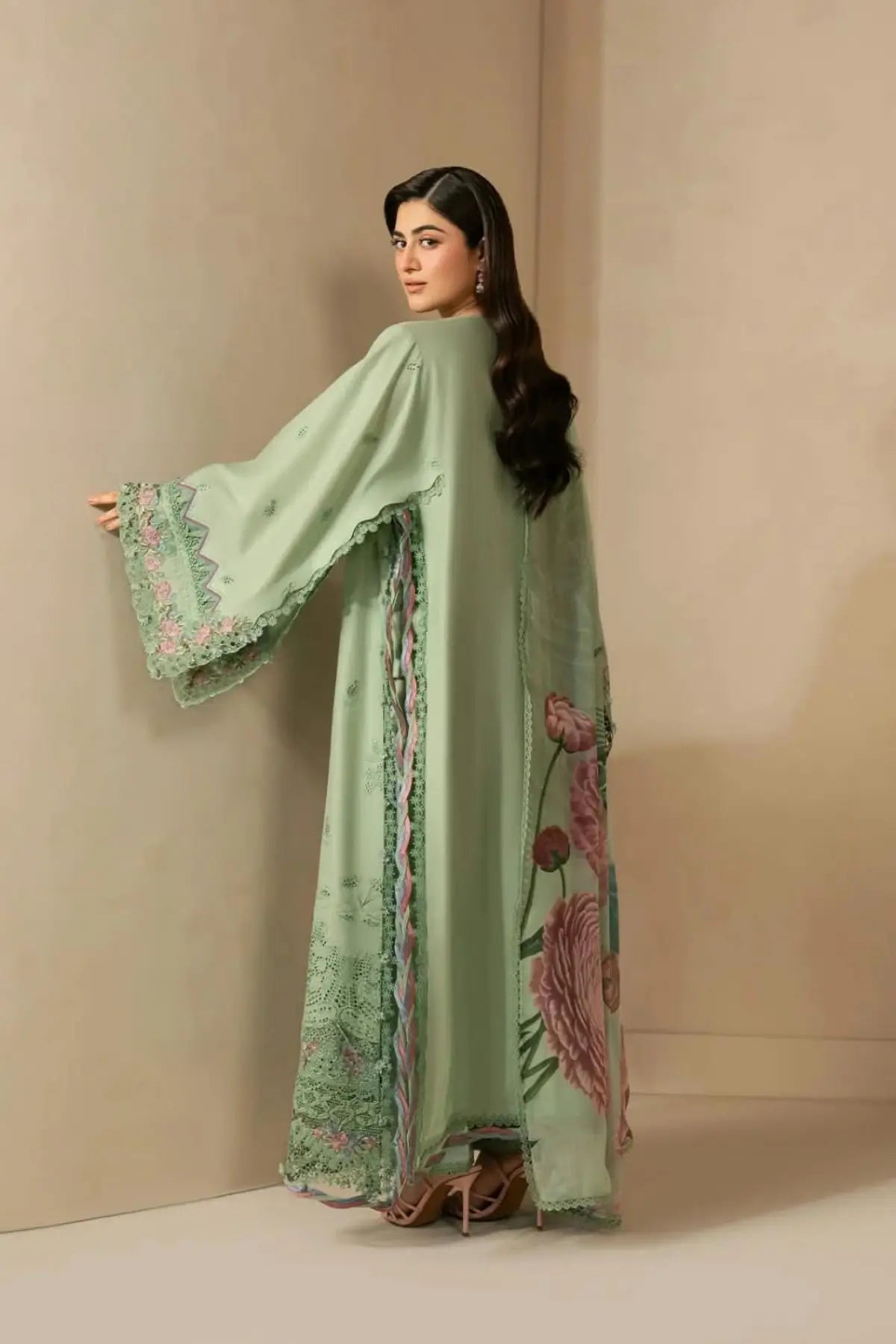 EHC-4B Aloe Elaf stitched Chikankari lawn 3PC suit with embroidered borders, cambric trouser and floral chiffon dupatta