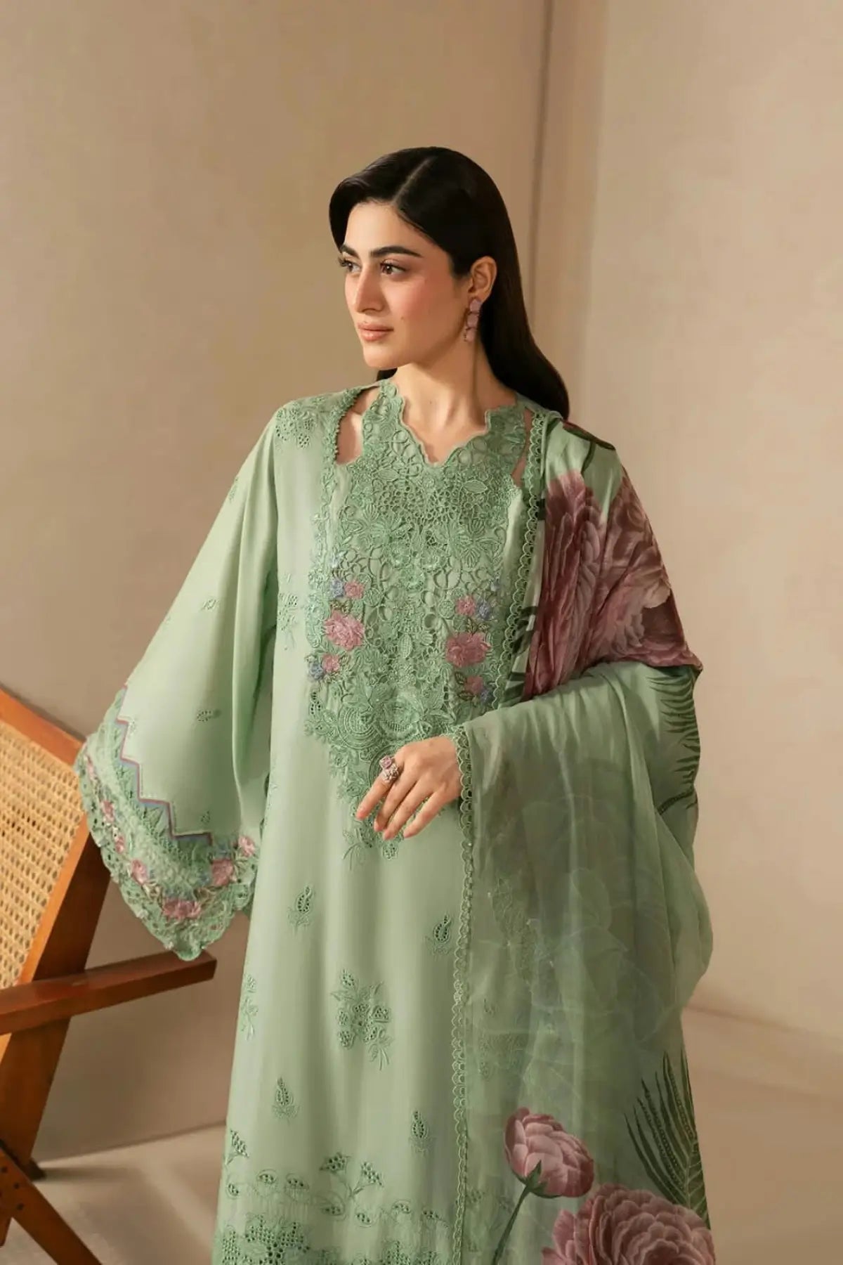 EHC-4B Aloe Elaf stitched Chikankari lawn 3PC suit with embroidered borders, cambric trouser and floral chiffon dupatta