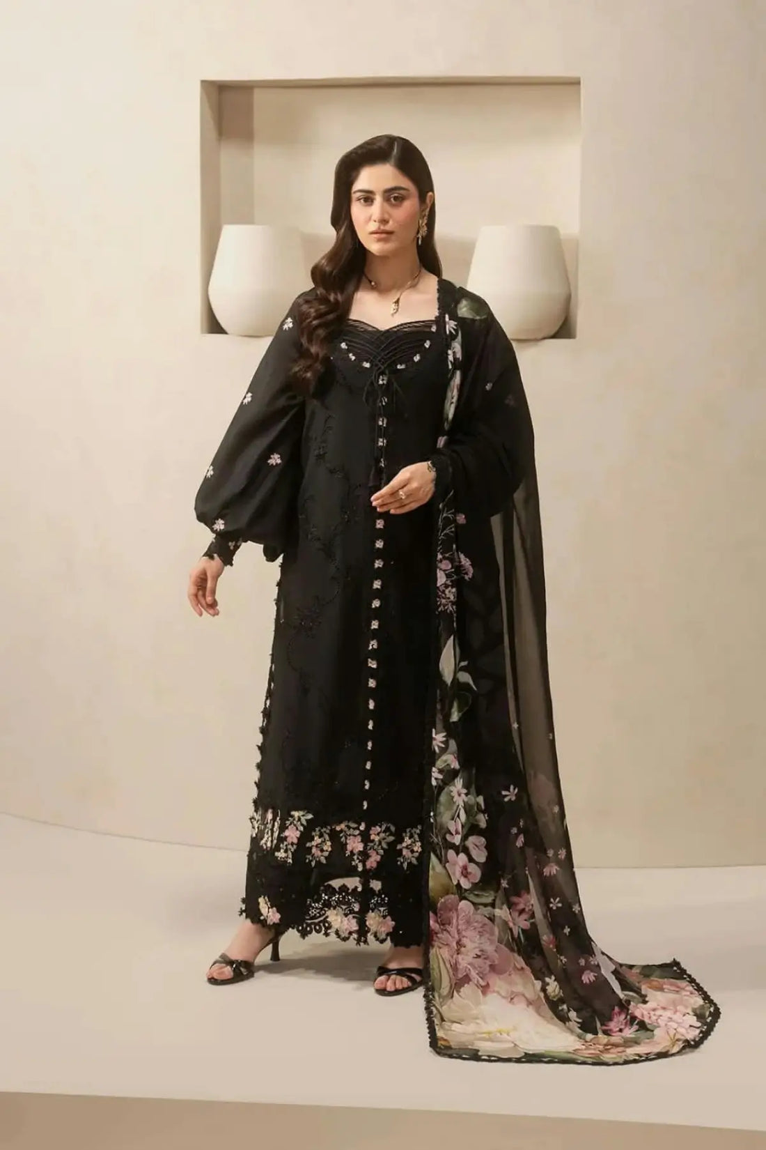 EHC-5A Charcoal Elaf stitched lawn 3PC suit with embroidered shirt, organza borders, cambric trouser and chiffon dupatta