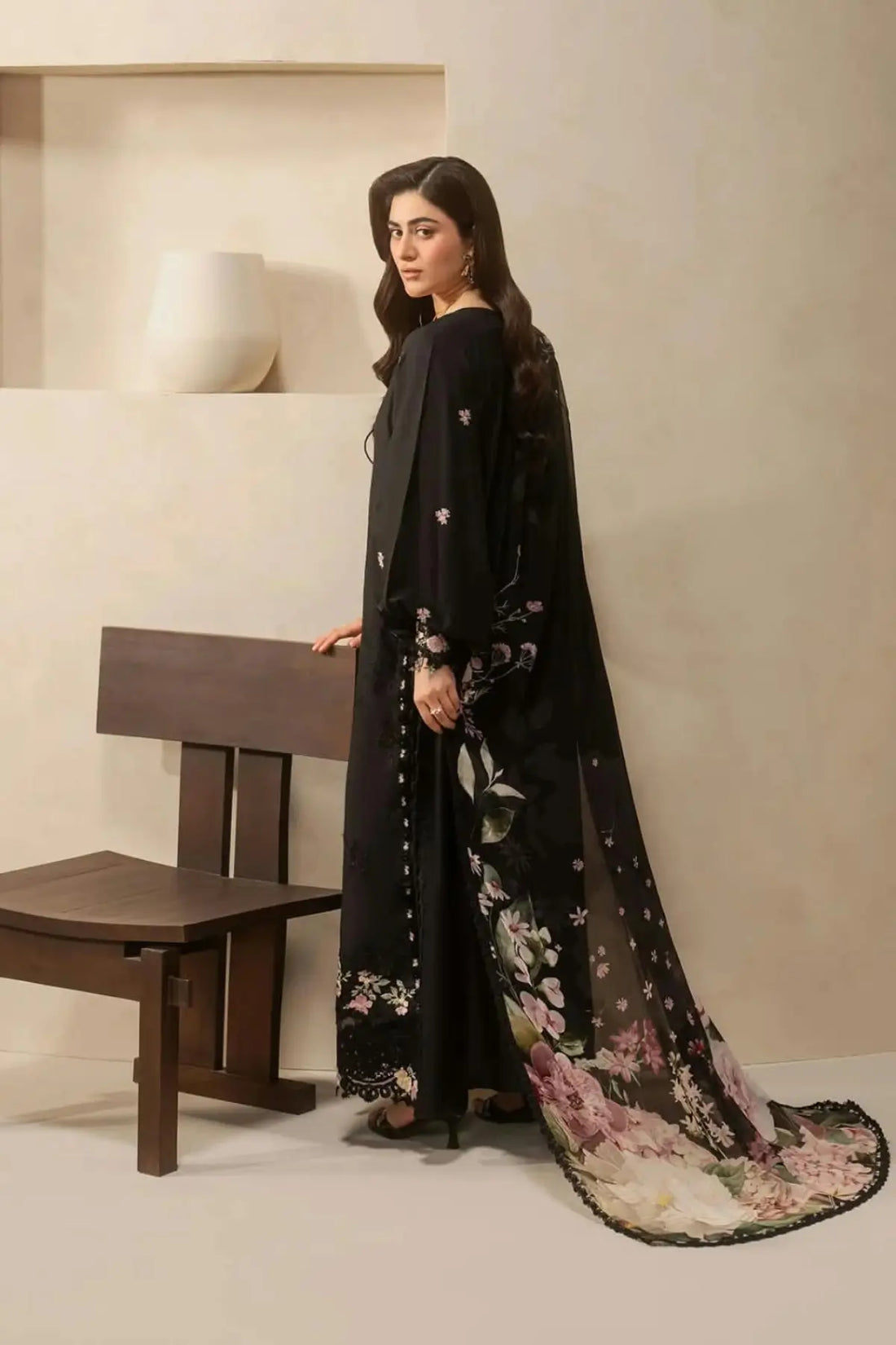EHC-5A Charcoal Elaf stitched lawn 3PC suit with embroidered shirt, organza borders, cambric trouser and chiffon dupatta