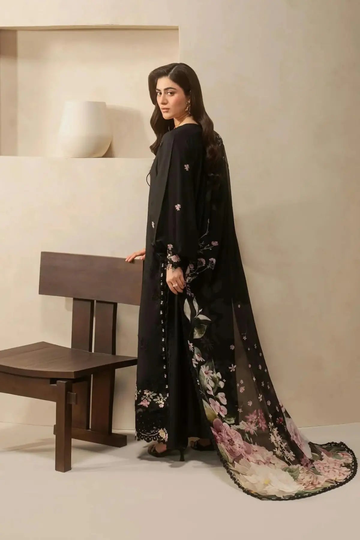EHC-5A Charcoal Elaf stitched lawn 3PC suit with embroidered shirt, organza borders, cambric trouser and chiffon dupatta