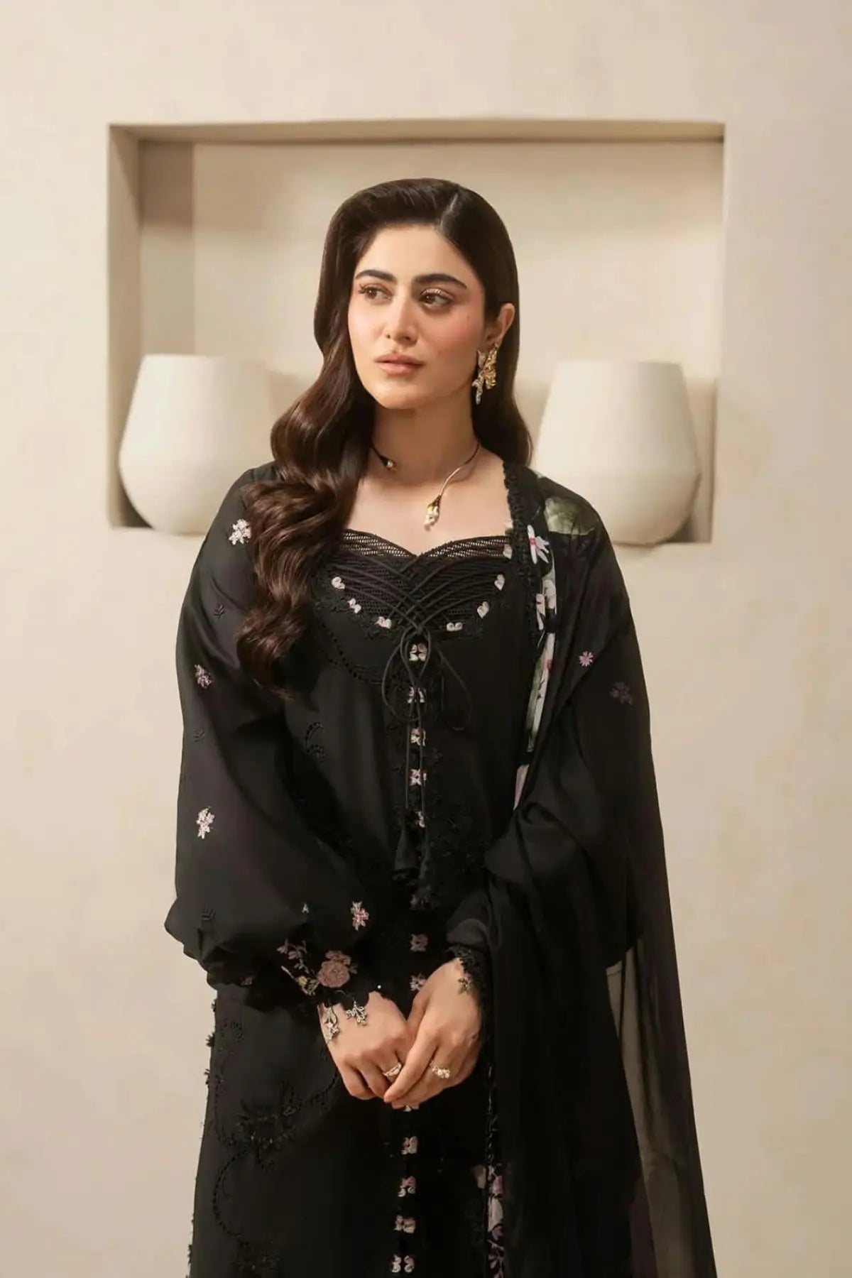 EHC-5A Charcoal Elaf stitched lawn 3PC suit with embroidered shirt, organza borders, cambric trouser and chiffon dupatta
