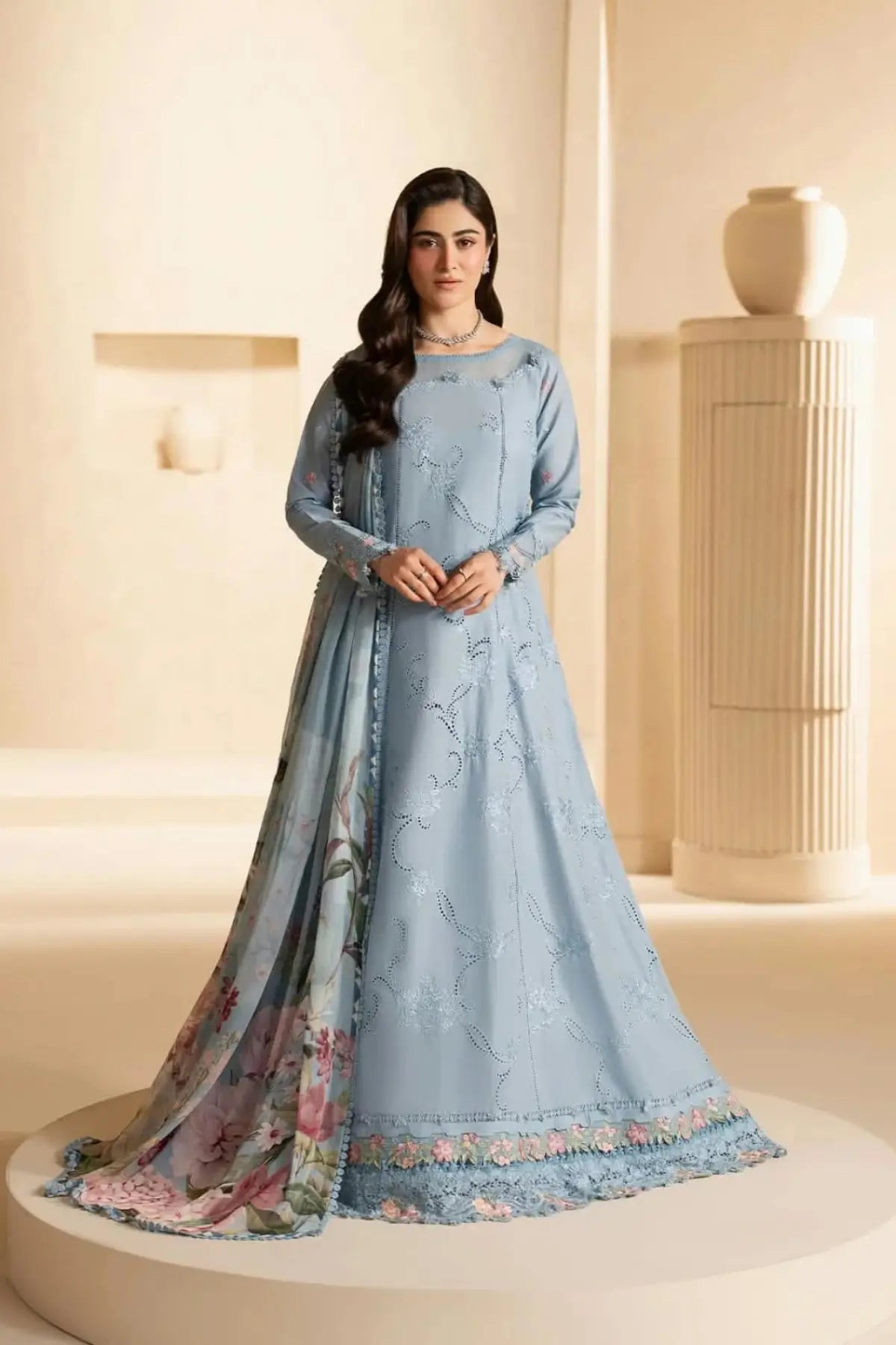 EHC-5B Pacific Elaf stitched lawn 3PC suit with embroidered organza borders, cambric trouser and printed chiffon dupatta