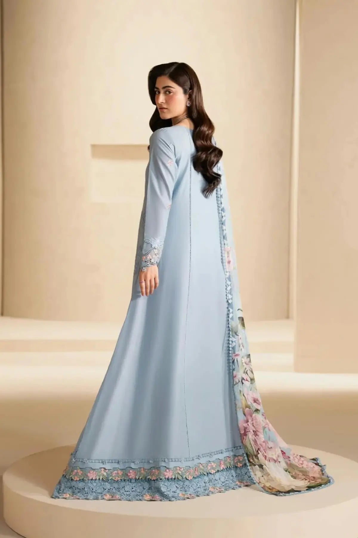EHC-5B Pacific Elaf stitched lawn 3PC suit with embroidered organza borders, cambric trouser and printed chiffon dupatta