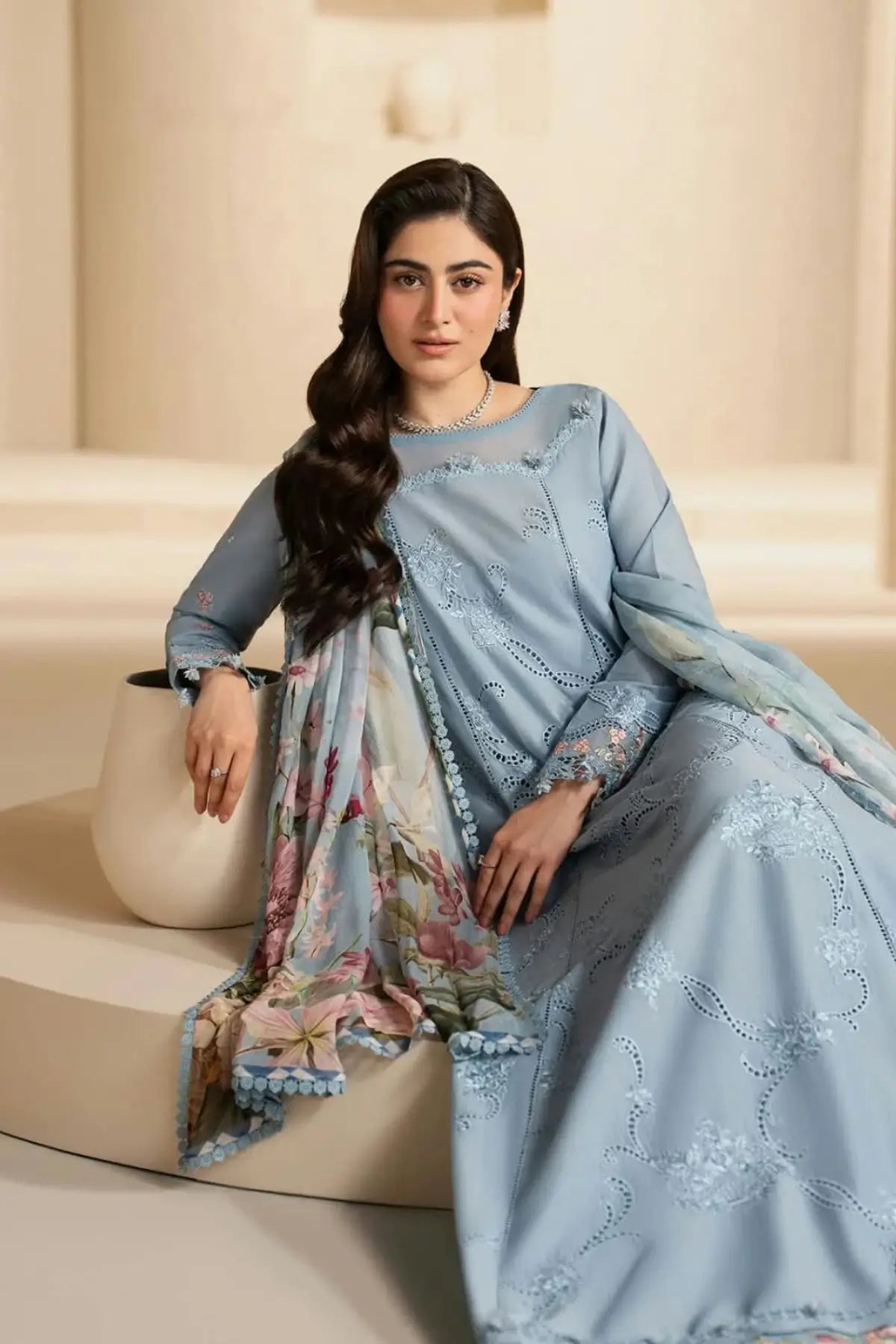EHC-5B Pacific Elaf stitched lawn 3PC suit with embroidered organza borders, cambric trouser and printed chiffon dupatta
