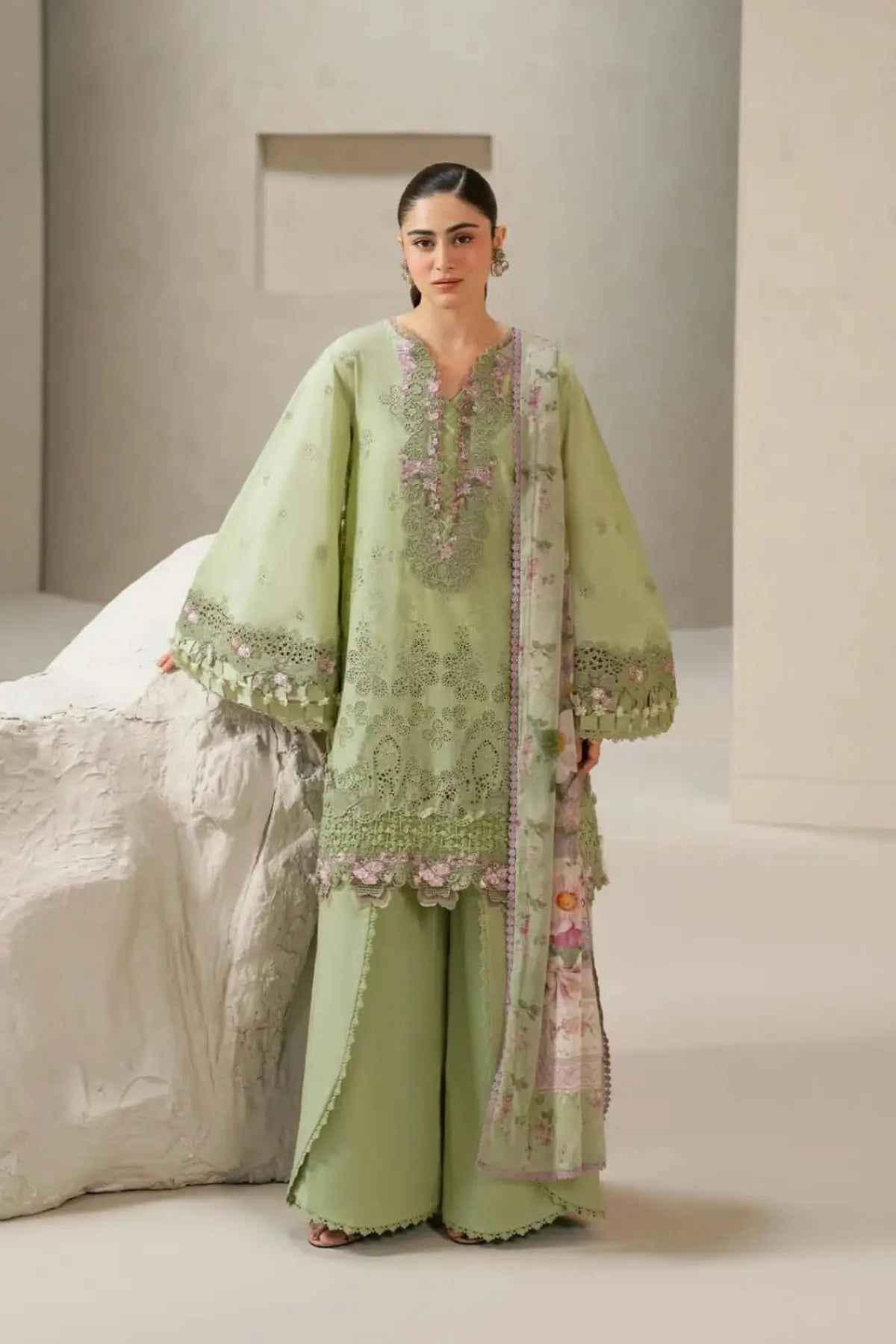 EHC-6A Basil Elaf stitched Chikankari lawn 3PC suit with embroidered shirt, cambric trouser and printed chiffon dupatta